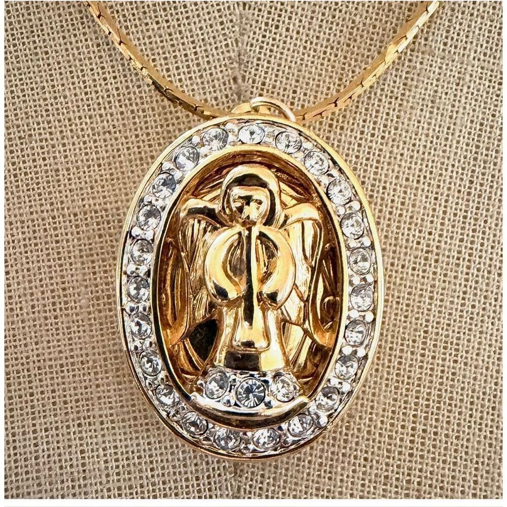 Gold Tone Angel Locket Necklace Rhinestone Oval Pendant